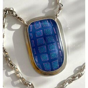 RARE Barbie Koncher Blue Dichroic Art Glass 925 Vintage Pendant Necklace - 25"